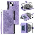 thumbnail image 1 of Dteck Zipper Wallet Case for iPhone 13,Magnetic Durable PU Leather Flower Embossed Case Zipper Card Holder Wallet Kickstand Cover with Detachable Shoulder Strap/Wrist Strap,Purple, 1 of 6