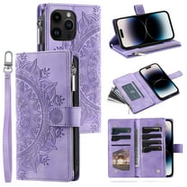 Dteck Zipper Wallet Case for iPhone 13 Pro,Magnetic Durable PU Leather Flower Embossed Case Zipper Card Holder Wallet Kickstand Cover with Detachable Shoulder Strap/Wrist Strap,Purple