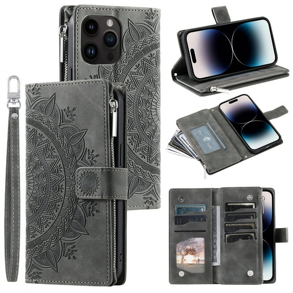 Dteck Zipper Wallet Case for iPhone 13 Pro Max,Magnetic Durable PU Leather Flower Embossed Case Zipper Card Holder Wallet Kickstand Cover with Detachable Shoulder Strap/Wrist Strap,Gray