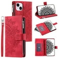 thumbnail image 1 of Dteck Zipper Wallet Case for iPhone 14,Magnetic Durable PU Leather Flower Embossed Case Zipper Card Holder Wallet Kickstand Cover with Detachable Shoulder Strap/Wrist Strap,Red, 1 of 6