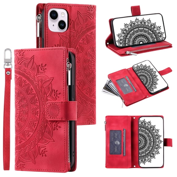 Dteck Zipper Wallet Case for iPhone 14,Magnetic Durable PU Leather Flower Embossed Case Zipper Card Holder Wallet Kickstand Cover with Detachable Shoulder Strap/Wrist Strap,Red