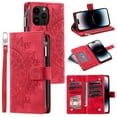 thumbnail image 1 of Dteck Zipper Wallet Case for iPhone 14 Pro Max,Magnetic Durable PU Leather Flower Embossed Case Zipper Card Holder Wallet Kickstand Cover with Detachable Shoulder Strap/Wrist Strap,Red, 1 of 7