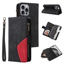 Dteck Zipper Wallet Case for iPhone 16 Pro,Magnetic Leather 9 Card Slots Wallet Case Shockproof Kickstand Full Body Protection Cover with Wrist Strap for iPhone 16 Pro,Black