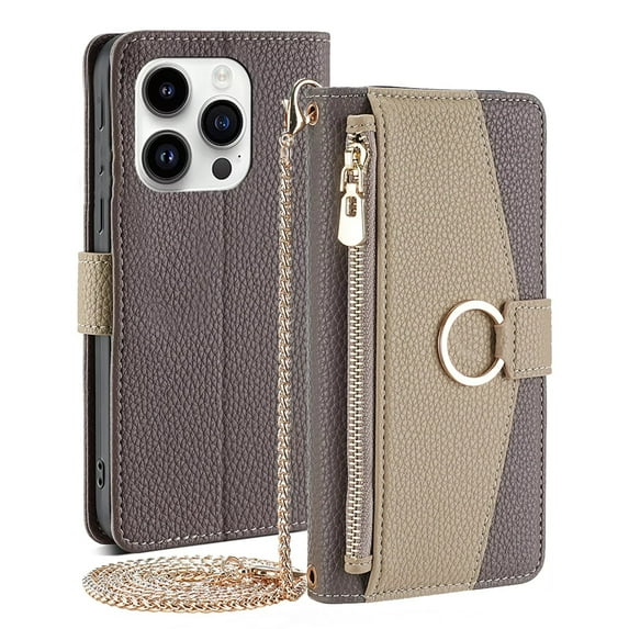 Dteck Zipper Wallet Case for iPhone 16 Pro,Magnetic Leather Card Slots Case with Hidden Mirror Shockproof Kickstand Flip Cover with Crossbody Shoulder Strap,Gray