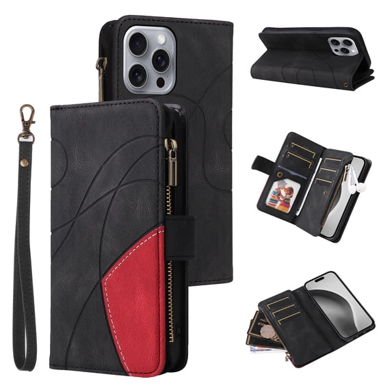 Dteck Zipper Wallet Case for iPhone 16 Pro Max,Magnetic Leather 9 Card Slots Wallet Case Shockproof Kickstand Full Body Protection Cover with Wrist Strap for iPhone 16 Pro Max,Black