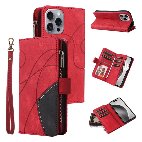 Dteck Zipper Wallet Case for iPhone 16 Pro Max,Magnetic Leather 9 Card Slots Wallet Case Shockproof Kickstand Full Body Protection Cover with Wrist Strap for iPhone 16 Pro Max,Red