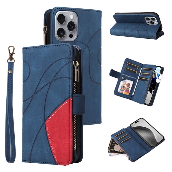 Dteck Zipper Wallet Case for iPhone 16 Pro Max,Magnetic Leather 9 Card Slots Wallet Case Shockproof Kickstand Full Body Protection Cover with Wrist Strap for iPhone 16 Pro Max,Blue