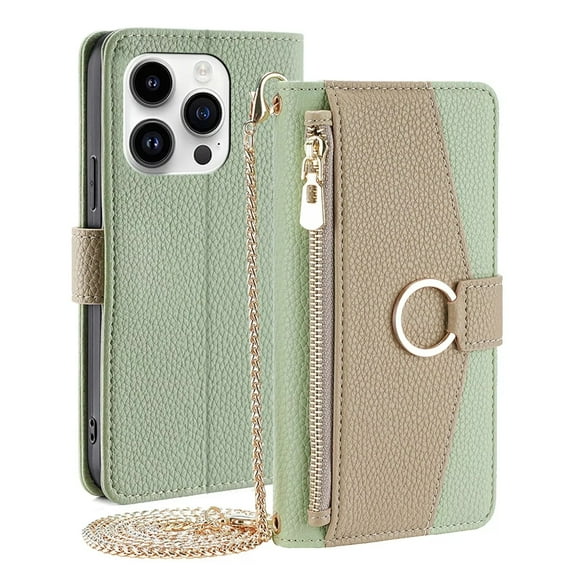 Dteck Zipper Wallet Case for iPhone 16 Pro Max,Magnetic Leather Card Slots Case with Hidden Mirror Shockproof Kickstand Flip Cover with Crossbody Shoulder Strap,Green