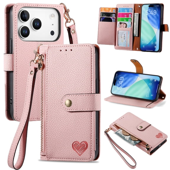 Dteck Zipper Wallet Case for iPhone 17 Pro,Magnetic Closure Leather RFID Blocking Protection Case Card Slots / Cash Pocket with Wrist Strap Shockproof Kickstand Cover,Pink