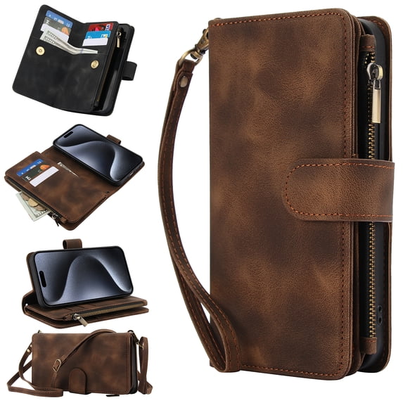 Dteck Zipper Wallet Crossbody Bag Case for Samsung Galaxy A15,Luxuy Leather RFID Blocking Case Large Wallet Capacity Card Slots Cash Pocket Flip Kickstand Cover with Wrist/Shoulder Strap,Brown