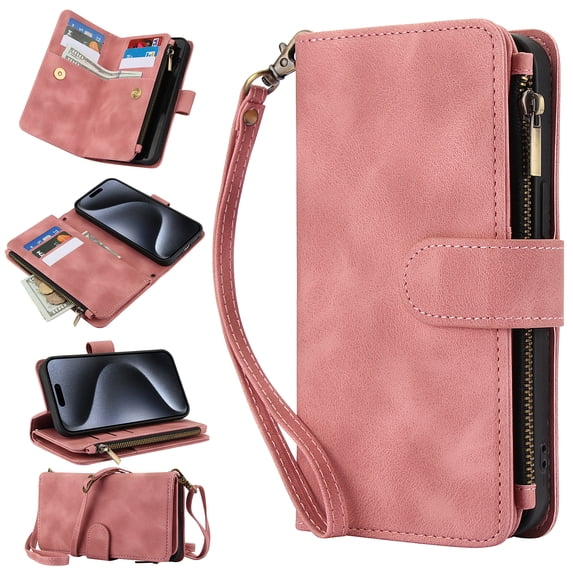 Dteck Zipper Wallet Crossbody Bag Case for Samsung Galaxy A15,Luxuy Leather RFID Blocking Case Large Wallet Capacity Card Slots Cash Pocket Flip Kickstand Cover with Wrist/Shoulder Strap,Rosegold