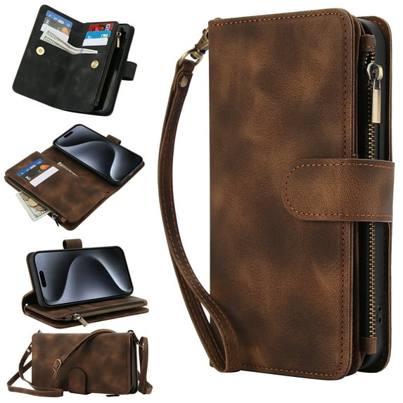 Dteck Zipper Wallet Crossbody Bag Case for Samsung Galaxy A71 5G,Luxuy Leather RFID Blocking Case Large Wallet Capacity Card Slots Cash Pocket Flip Kickstand Cover with Wrist/Shoulder Strap,Brown