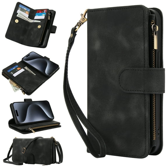 Dteck Zipper Wallet Crossbody Bag Case for Samsung Galaxy S23 FE,Luxuy Leather RFID Blocking Case Large Wallet Capacity Card Slots Cash Pocket Flip Kickstand Cover with Wrist/Shoulder Strap,Black