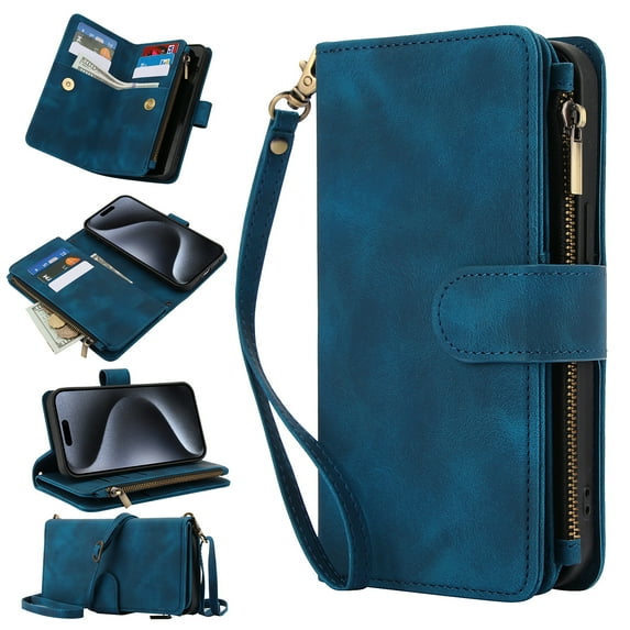 Dteck Zipper Wallet Crossbody Bag Case for iPhone 12 Pro Max,Luxuy Leather RFID Blocking Case Large Wallet Capacity Card Slots Cash Pocket Flip Kickstand Cover with Wrist/Shoulder Strap,Blue