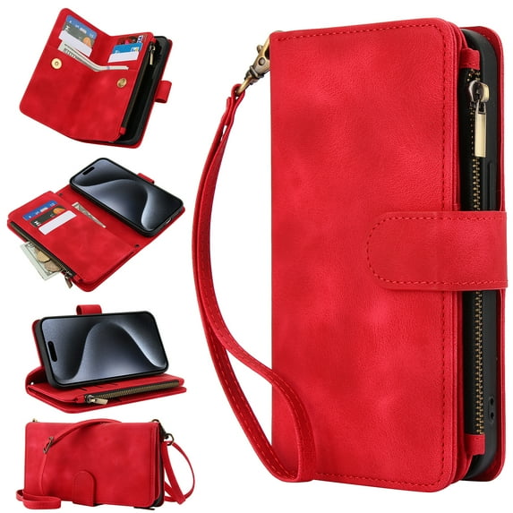 Dteck Zipper Wallet Crossbody Bag Case for iPhone 14 Pro Max,Luxuy Leather RFID Blocking Case Large Wallet Capacity Card Slots Cash Pocket Flip Kickstand Cover with Wrist/Shoulder Strap,Red