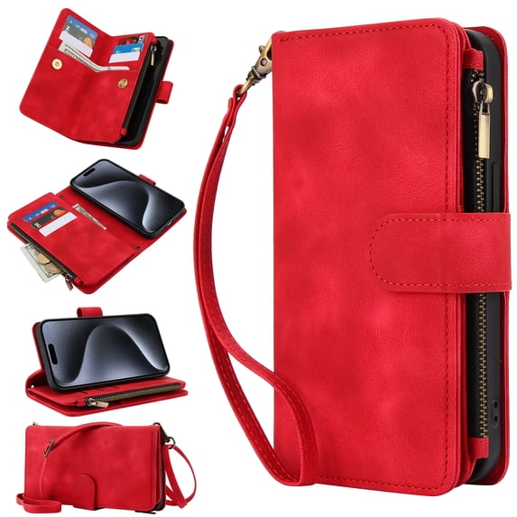Dteck Zipper Wallet Crossbody Bag Case for iPhone 15 Pro,Luxuy Leather RFID Blocking Case Large Wallet Capacity Card Slots Cash Pocket Flip Kickstand Cover with Wrist/Shoulder Strap,Red