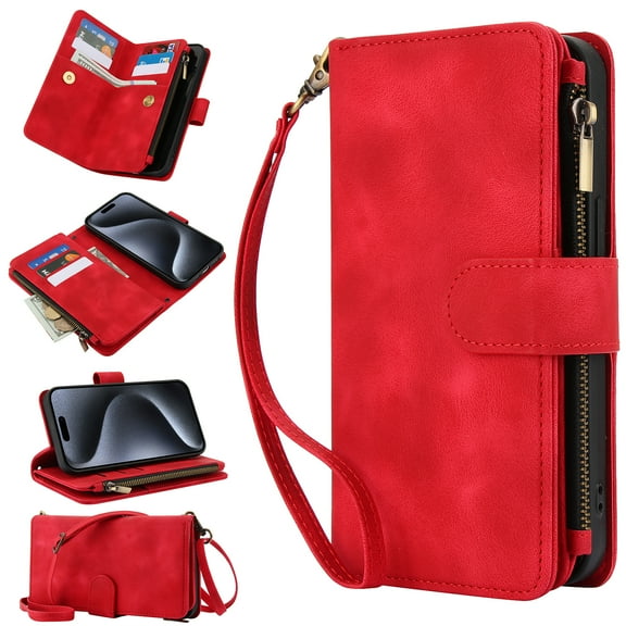 Dteck Zipper Wallet Crossbody Bag Case for iPhone 8 Plus/7 Plus,Luxuy Leather RFID Blocking Case Large Wallet Capacity Card Slots Cash Pocket Flip Kickstand Cover with Wrist/Shoulder Strap,Red