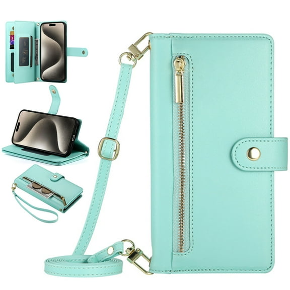 Dteck Zipper Wallet Crossbody Case for Google Pixel 8 Pro,Magnetic Leather Case Built-in Card Slots/Cash Pocket Shockproof Kickstand Cover with Shoulder Strap/Wrist Strap,Mint