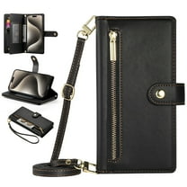 Dteck Zipper Wallet Crossbody Case for Samsung Galaxy S21 FE,Magnetic Leather Case Built-in Card Slots/Cash Pocket Shockproof Kickstand Cover with Shoulder Strap/Wrist Strap,Black