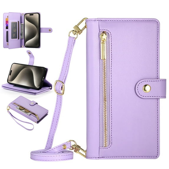 Dteck Zipper Wallet Crossbody Case for iPhone 14 Pro,Magnetic Leather Case Built-in Card Slots/Cash Pocket Shockproof Kickstand Cover with Shoulder Strap/Wrist Strap,Purple