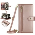thumbnail image 1 of Dteck Zipper Wallet Crossbody Case for iPhone 16,Magnetic Leather Case Built-in Card Slots/Cash Pocket Shockproof Kickstand Cover with Shoulder Strap/Wrist Strap,Pink, 1 of 6