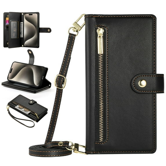 Dteck Zipper Wallet Crossbody Case for iPhone 16 Plus,Magnetic Leather Case Built-in Card Slots/Cash Pocket Shockproof Kickstand Cover with Shoulder Strap/Wrist Strap,Black