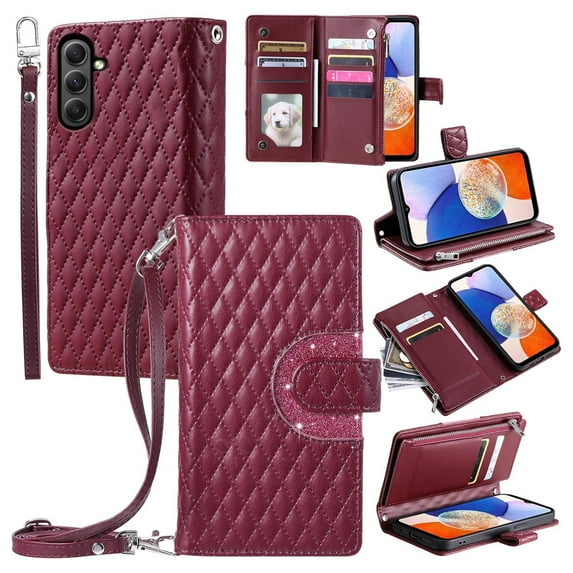Dteck Zipper Wallet Crossbody Strap Case for Samsung Galaxy A15 5G,Magnetic Leather Card Slots Cash Pocket Case Shockproof Kickstand Cover with Shoulder & Wrist Strap for Galaxy A15,Winered