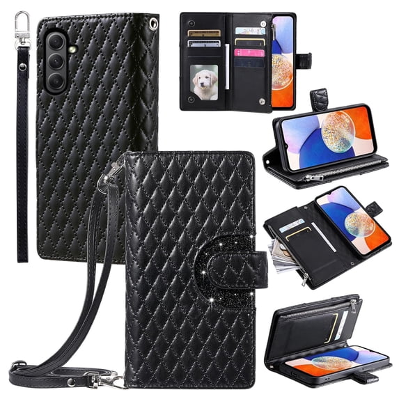 Dteck Zipper Wallet Crossbody Strap Case for Samsung Galaxy A25 5G,Magnetic Leather Card Slots Cash Pocket Case Shockproof Kickstand Cover with Shoulder & Wrist Strap for Galaxy A25 5G,Black