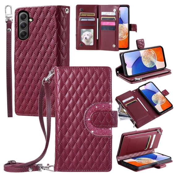 Dteck Zipper Wallet Crossbody Strap Case for Samsung Galaxy A54 5G,Magnetic Leather Card Slots Cash Pocket Case Shockproof Kickstand Cover with Shoulder & Wrist Strap for Galaxy A54 5G,Winered