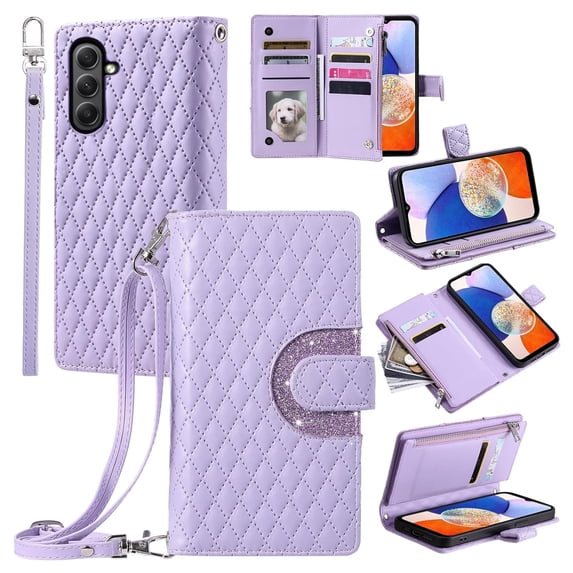Dteck Zipper Wallet Crossbody Strap Case for Samsung Galaxy A54 5G,Magnetic Leather Card Slots Cash Pocket Case Shockproof Kickstand Cover with Shoulder & Wrist Strap for Galaxy A54 5G,Purple