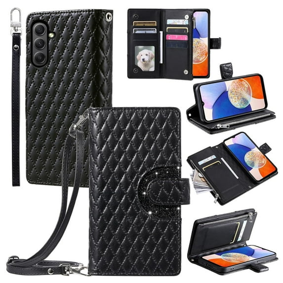 Dteck Zipper Wallet Crossbody Strap Case for Samsung Galaxy S24 Plus,Magnetic Leather Card Slots Cash Pocket Case Shockproof Kickstand Cover with Shoulder & Wrist Strap for Galaxy S24 Plus,Black