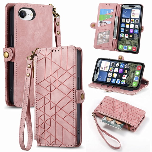 Dteck Zipper Wallet Pocket Case for iPhone 16E, Shockproof with Card Holders for Women Men Premium PU Leather Embossed Patterned Flip Folio Stand Wristlet TPU Inner Shell Phone Case, Pink