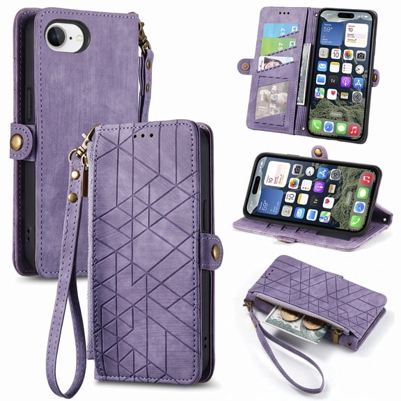 Dteck Zipper Wallet Pocket Case for iPhone 16E, Shockproof with Card Holders for Women Men Premium PU Leather Embossed Patterned Flip Folio Stand Wristlet TPU Inner Shell Phone Case, Purple