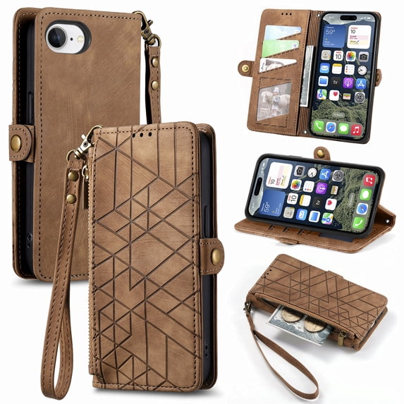 Dteck Zipper Wallet Pocket Case for iPhone 16E, Shockproof with Card Holders for Women Men Premium PU Leather Embossed Patterned Flip Folio Stand Wristlet TPU Inner Shell Phone Case, Brown