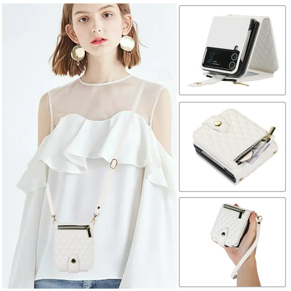 Dteck Zipper Wallet Purse for Samsung Galaxy Z Flip 3 5G Crossbody Case with Credit Card Holder Strap Lanyard Women Kickstand Flip Leather, White