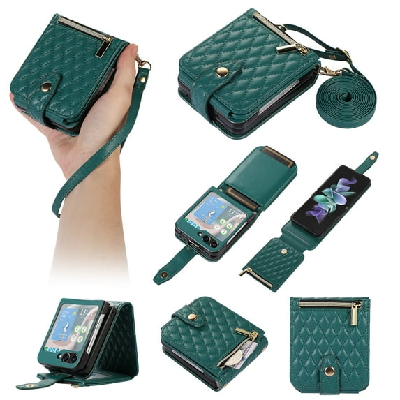 Dteck Zipper Wallet Purse for Samsung Galaxy Z Flip 5 5G Crossbody Case with Credit Card Holder Strap Lanyard Women Kickstand Flip Leather, Green