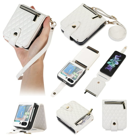 Dteck Zipper Wallet Purse for Samsung Galaxy Z Flip 5 5G Crossbody Case with Credit Card Holder Strap Lanyard Women Kickstand Flip Leather, White