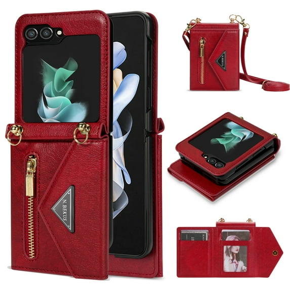 Dteck Zipper Wallet Purse for Samsung Galaxy Z Flip 6 5G 2024 Crossbody Case with Credit Card Holder Strap Lanyard Women Kickstand Flip Leather, Red