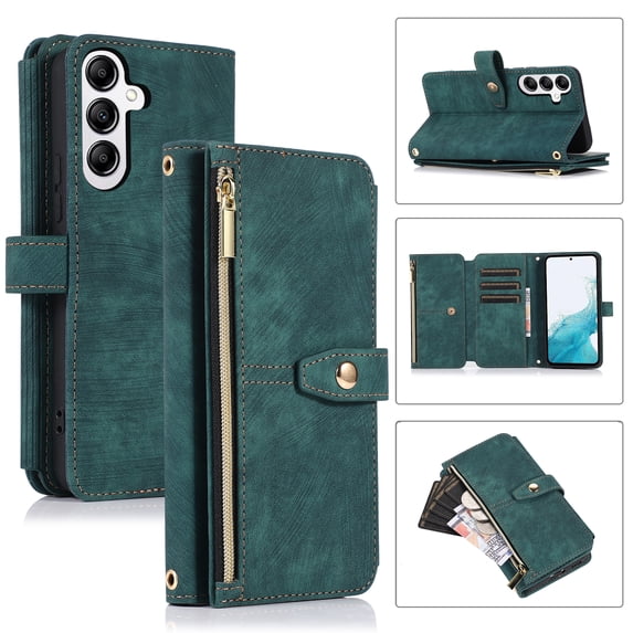 Dteck for Zipper Wallet Shoulder Strap Bag Samsung Galaxy S24 Case ,Magnetic Leather 9 Card Slots Case Shockproof Rubber Kickstand Full Body Protective Cover with Wrist Strap,Darkgreen