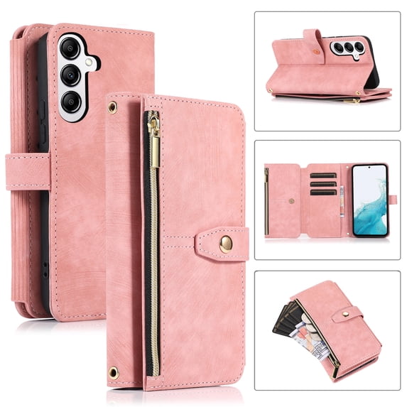 Dteck for Zipper Wallet Shoulder Strap Bag Samsung Galaxy S24 Case ,Magnetic Leather 9 Card Slots Case Shockproof Rubber Kickstand Full Body Protective Cover with Wrist Strap,Pink