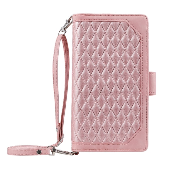 Dteck Zipper Wallet case for Samsung Galaxy Note 8, Argyle Pattern Leather case with Handstrap Crossbody Shoulder Strap Kickstand Card Slots Shockproof Case For Samsung Galaxy Note 8,Rosegold