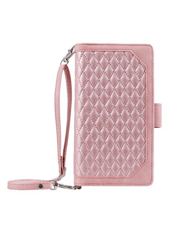 Zipper Wallet case for Samsung Galaxy Note 8, Argyle Pattern Leather case with Handstrap Crossbody Shoulder Strap Kickstand Card Slots Shockproof Case For Samsung Galaxy Note 8,Rosegold