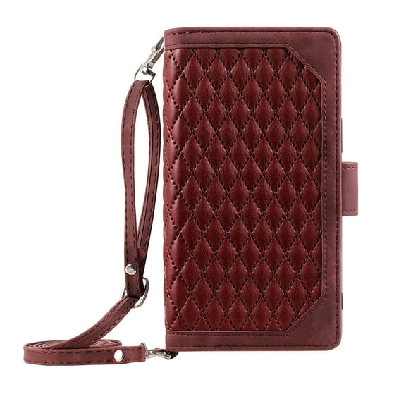 Dteck Zipper Wallet case for Samsung Galaxy Note 9, Argyle Pattern Leather case with Handstrap Crossbody Shoulder Strap Kickstand Card Slots Shockproof Case For Samsung Galaxy Note 9,Winered