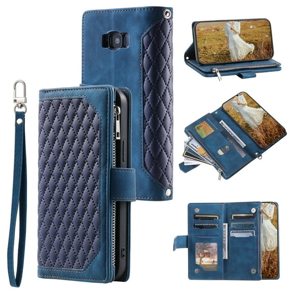 Dteck Zipper Wallet case for Samsung Galaxy S8+, Argyle Pattern Leather Wallet case with Handstrap Crossbody Shoulder Strap Kickstand Card Slots Magnetic Shockproof Case For Samsung Galaxy S8+,Blue