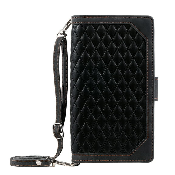 Dteck Zipper Wallet case for iPhone 13 Pro Max, Argyle Pattern PU Leather Wallet case with Handstrap Crossbody Shoulder Strap Kickstand Card Slots Magnetic Shockproof Case For iPhone 13 Pro Max,Black