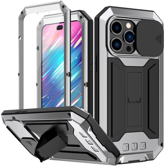 Dteck case for iPhone 14 Pro Max,Shockproof Metal Case Slide Camera Len Cover Built-in Screen Protector Kickstand Heavy Duty Military Drop Protective Case,Silver