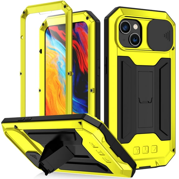 Dteck case for iPhone 14,Shockproof Metal Case Slide Camera Len Cover Built-in Screen Protector Kickstand Heavy Duty Military Drop Protective Case,Yellow