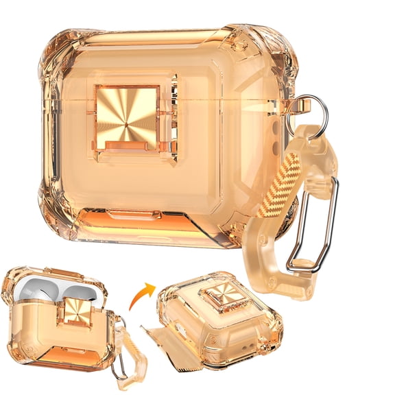 Dteck for AirPods Pro 3 Case 2025 Cover with Safety Lock, Crystal Cover with Phone Stand & Keychain, Full Body Drop Protection,Orange