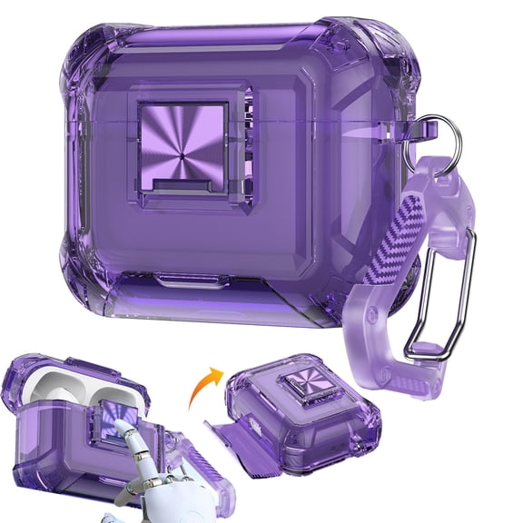 Dteck for AirPods Pro 3 Case 2025 Cover with Safety Lock, Crystal Cover with Phone Stand & Keychain, Full Body Drop Protection,Purple