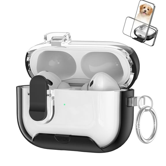 Dteck for Airpods Pro 2nd Generation Case with Safety Lock & Phone Stand, Auto-Open Clear Cover with Keychain,Black